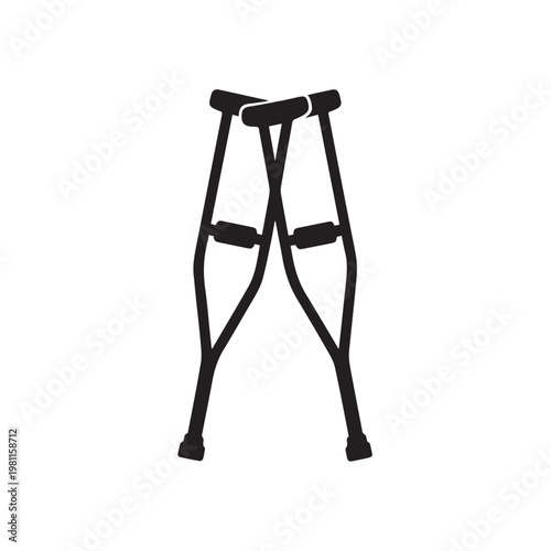 Pair of black crutches crossed over each other, symbolizing injury, recovery, and mobility assistance, against a simple white background.