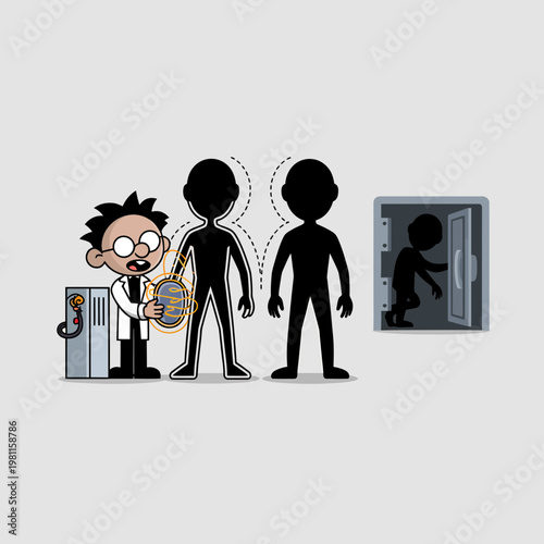 Cartoon scientist conducting dna cloning experiment with human silhouettes and laboratory equipment in a flat vector illustration depicting biological research concepts