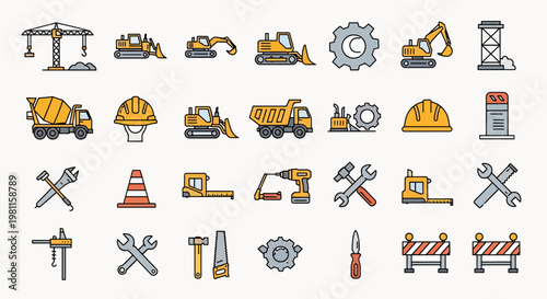 Construction Site Icons Set Diverse Heavy Machinery Tools Safety Equipment and Building Elements Flat Style Vector