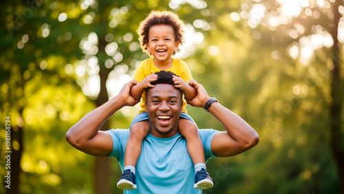 Joyful African American Father Gives Son Piggyback Ride in Sunny Park Scene