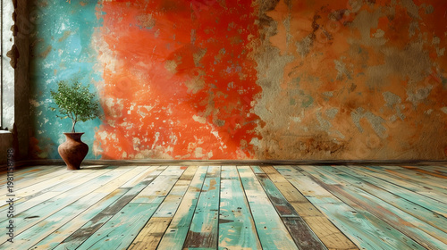 Rustic Room with Colorful Wall and Potted Plant