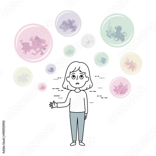 Confused girl standing surrounded by floating colorful bubbles containing abstract shapes in a minimalist vector illustration representing mental overload and complexity