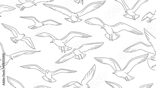 Energetic seamless pattern features numerous seagulls in various flight positions sketched in black lines.