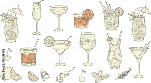 Hand drawn doodle of alcoholic cocktails beverages and garnish elements for bar menu and summer party drinks vector illustration doodle art and icon set