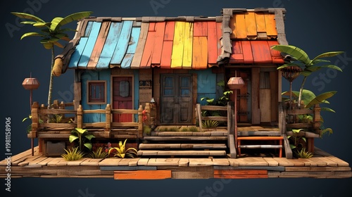 Colorful Rustic House with Tropical Plants and Wooden Details