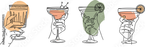Minimalist Line Art Cocktail Illustration Set with Hand Holding Drinks, Modern Abstract Shapes, and Elegant Beverage Sketches for Bar Menu Design