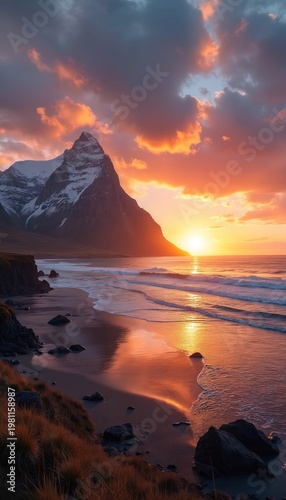Mountain peak meets ocean during dramatic sunset. Golden light reflects on wet sand. Waves lap at rocky coast. Coastal landscape offers serene natural beauty.