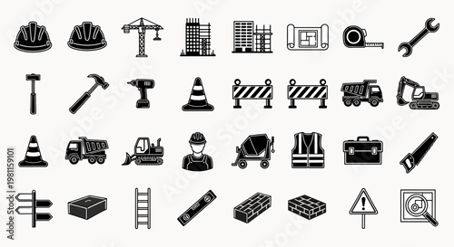 Construction industry icons set including hard hats, tools, machinery, buildings, safety equipment, and blueprints for building projects