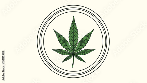 Single green cannabis leaf inside a triple circular frame emblem on a light cream background.