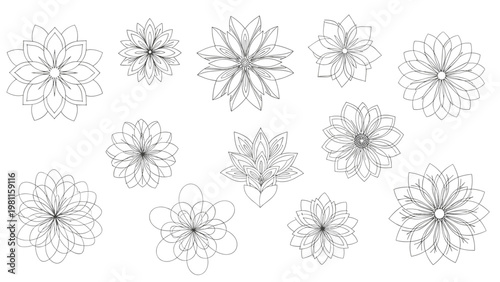 Assortment of various stylized geometric and floral mandala shapes in monochrome line art on a white background.