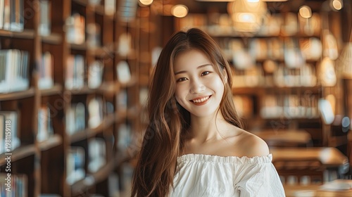Young woman with long hair smiling in cozy library setting