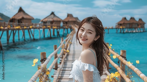 Beautiful woman enjoying sunny day at tropical beach resort