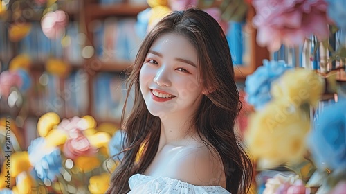 Beautiful young woman smiling in a floral decorated environment