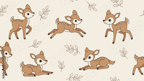 Seamless pattern featuring cute hand drawn baby deer fawns in various poses with small leaves on cream.