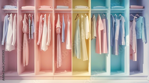 Modern wardrobe interior with pastel clothing and organized shelves