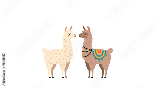 Two cute cartoon llamas with colorful blankets standing face to face on a plain white background.