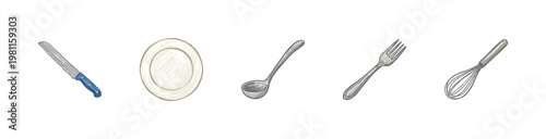 Kitchen Cutlery and Cooking Utensils with Inky Crayon Pencil Texture and Fluid Colorful Aesthetic