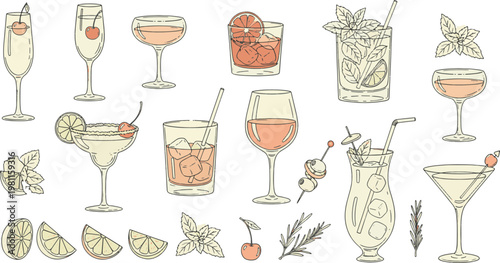 Hand drawn alcoholic beverages summer cocktails refreshing drinks with citrus mint and ice cubes collection for menu design vector illustration doodle art and icon set