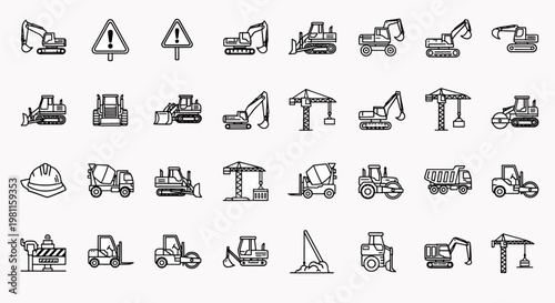 Construction heavy machinery icons set, including excavators, loaders, cranes, cement trucks, and safety helmet