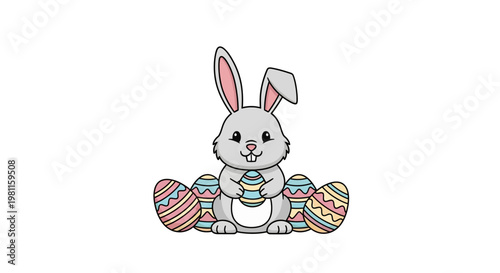 A cute cartoon Easter bunny happily holding colorful eggs in a festive spring illustration featuring a pink and white rabbit character isolated for a holiday celebration card