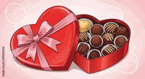 Delicious heart shaped chocolate candy and chocolates in a red gift box with a ribbon bow for a sweet Valentine's Day holiday celebration present isolated on brown