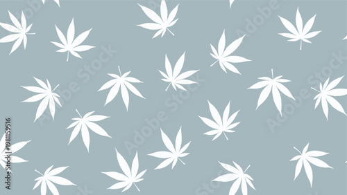 Seamless pattern featuring white silhouettes of cannabis leaves scattered on a light blue grey background.