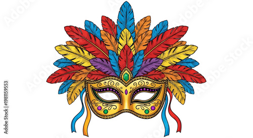 An ornate gold Venetian masquerade mask decorated with feathers is isolated on a white background for a festive Venice carnival or Mardi Gras mystery celebration