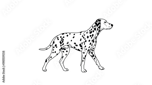 Minimalist line art illustration of a spotted dalmatian dog standing and facing right on white background.