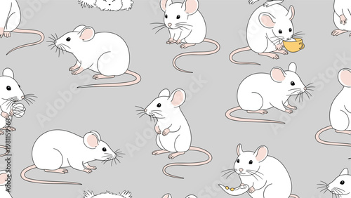 Seamless pattern design featuring numerous cute white mice in various active and resting poses on grey.