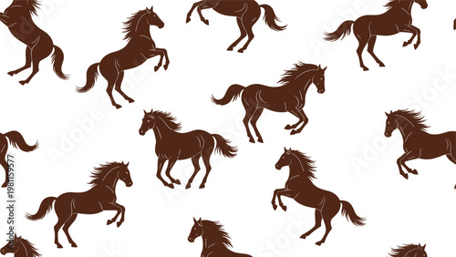 Seamless pattern featuring dark brown horse silhouettes in galloping and rearing poses on a white background.