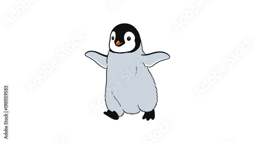 Cute cartoon illustration of a small baby penguin standing with its wings spread on a white background.