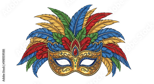 Elegant Venetian carnival masquerade mask featuring gold feathers and mysterious art decoration for an Italian Mardi Gras festival celebration or theater costume ball isolated on a white background