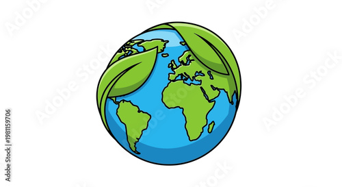 A 3d illustration of a green globe with leaves representing a sustainable environment and nature concept on our blue planet with oceans and continents