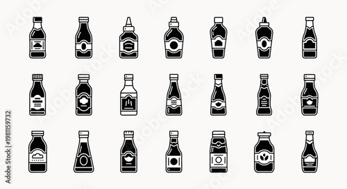 Collection of Various Sauce Bottles and Condiment Containers Vector Icons Set Black and White Outline Style
