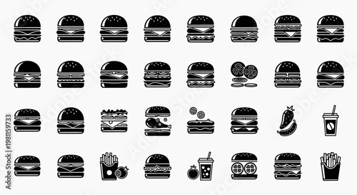 Collection of vector icons and illustrations of various burgers, french fries, drinks, and vegetables, black and white style