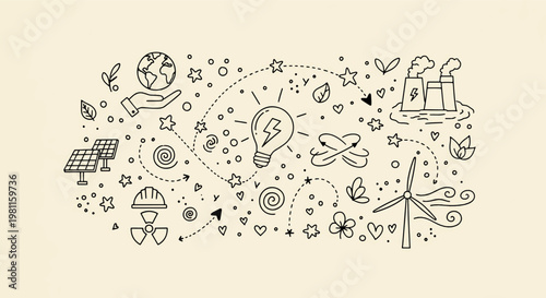 Sustainable energy solutions and eco friendly power generation icons featuring solar panels wind turbines and green technology concepts vector illustration doodle art and icon set