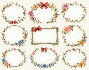 Collection of floral frames, circular oval and rectangular shapes decorated with bows. Delicate spring flowers and green leaves create charming borders for invitations, cards and scrapbooking.