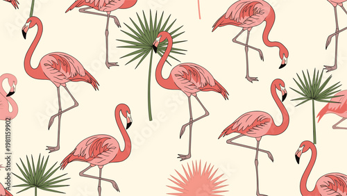 Seamless pattern with pink flamingos and green palm leaves on a cream background for a tropical summer theme designs.