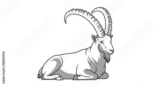 Ibex mountain goat line art illustration lying down in a side view profile isolated on a white background for design.