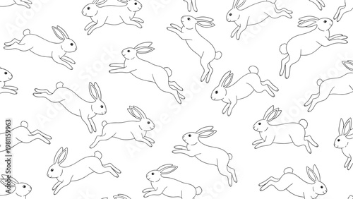 Seamless pattern with hand drawn jumping rabbit line art sketches on a white background for easter or kids nursery.
