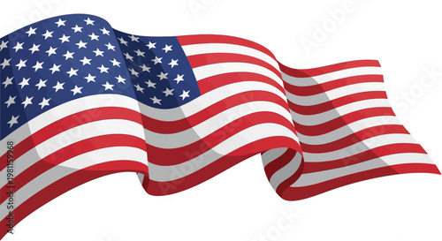 A patriotic national symbol, the red, white, and blue American flag of the United States with stars and stripes waves in the wind as a banner of pride for the country