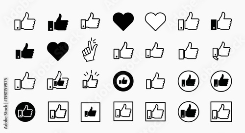 Collection of Thumbs Up Icons and Hearts Symbol Vector Graphics, Social Media Likes and Approval Symbols Collection