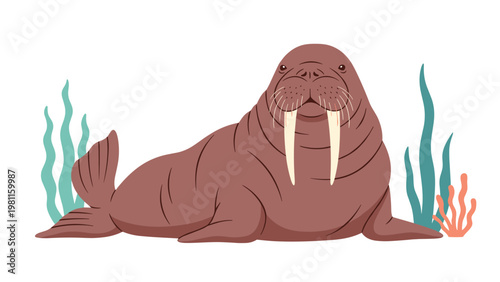 Walrus character sitting with large tusks among seaweeds on a white background for children educational illustrations.