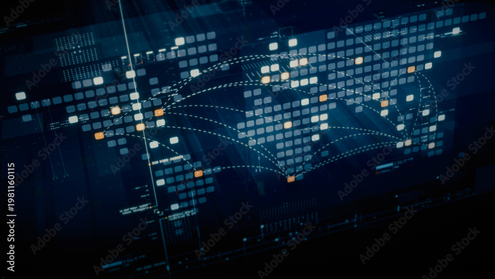 Fototapeta premium Global data network world map with matrix style grid, glowing HUD interface and streaming light trails, futuristic internet, IoT connectivity and digital simulation background