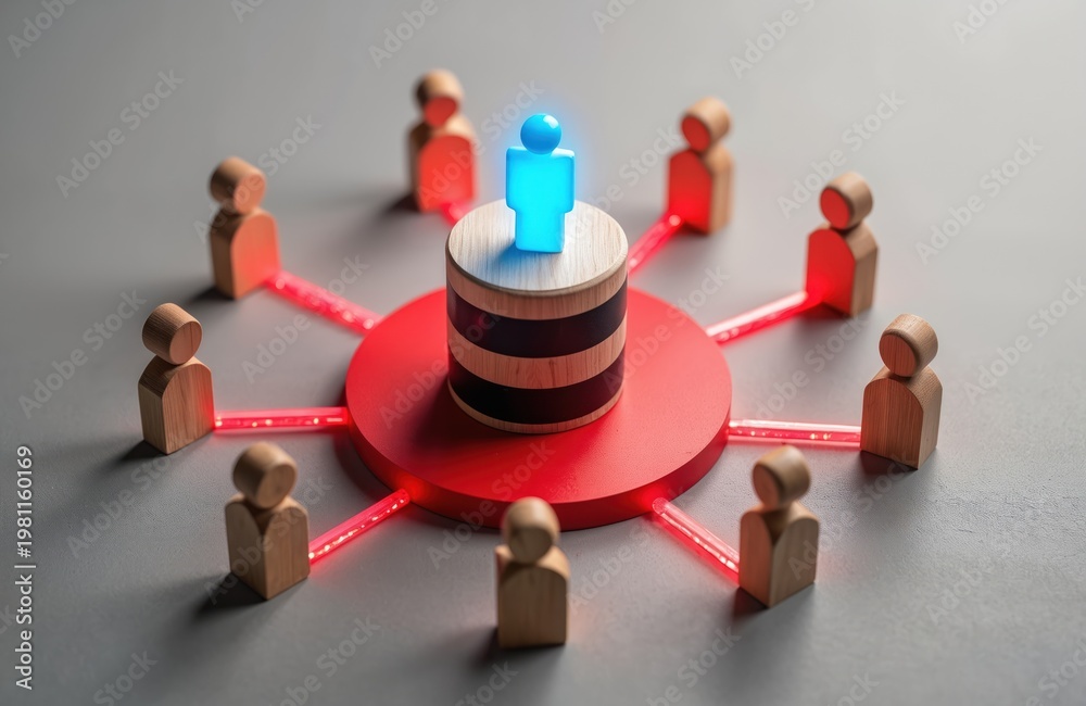 Obraz premium Wooden figures connect to central cylinder with blue leader on top. Red lines show data flow and teamwork. Represents network, communication, and organization.