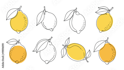 Set of lemon line drawings with yellow color fills and green leaves showing different artistic styles for kitchen and food design.