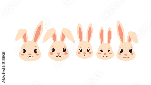 Row of five cute bunny rabbit faces with long ears and pink cheeks showing different expressions for spring and easter designs.