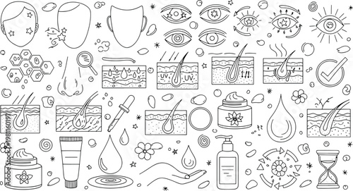 Hand drawn skincare and beauty routine line art featuring facial care hair health dermatological layers and cosmetic product vector illustration doodle art and icon set