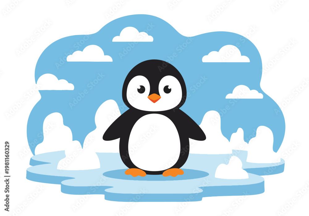 Naklejka premium Flat style illustration of baby penguin standing on ice with snow and sky, ideal for winter themed designs, nursery decor, and cute animal collections