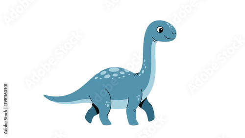 Friendly blue dinosaur with spots on its back walking across a plain white background in a cute cartoon illustration for children.
